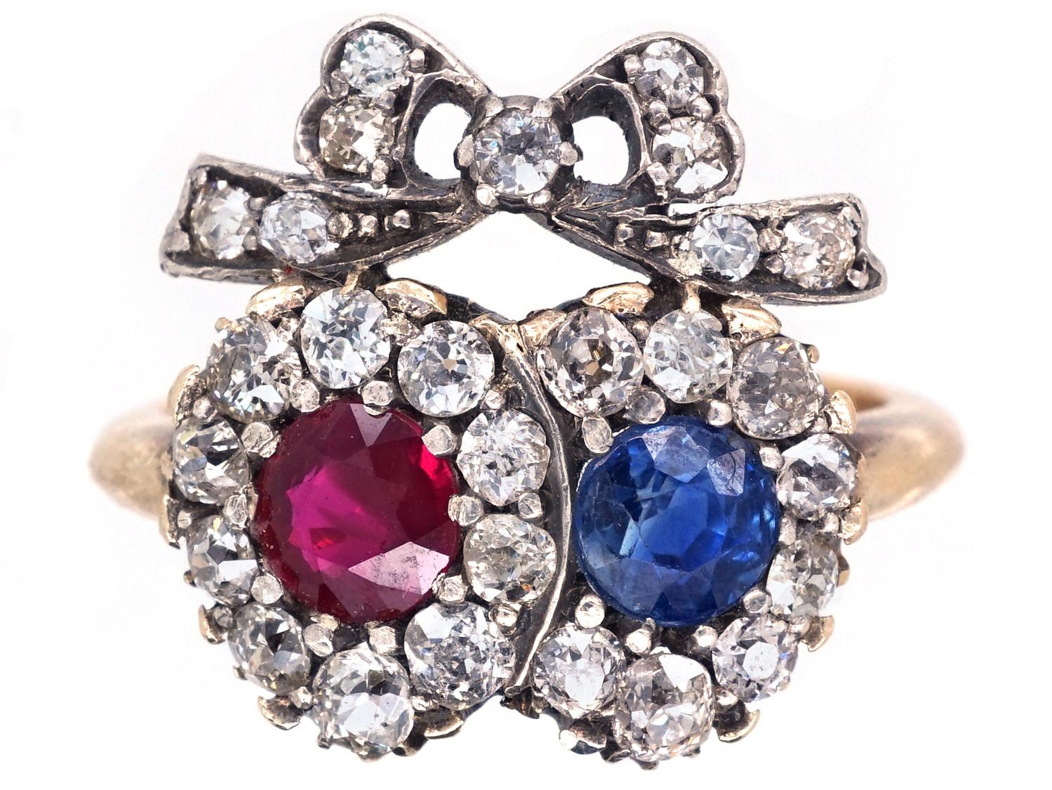 Victorian Double Heart Ring set with a Sapphire, Ruby & Diamonds The