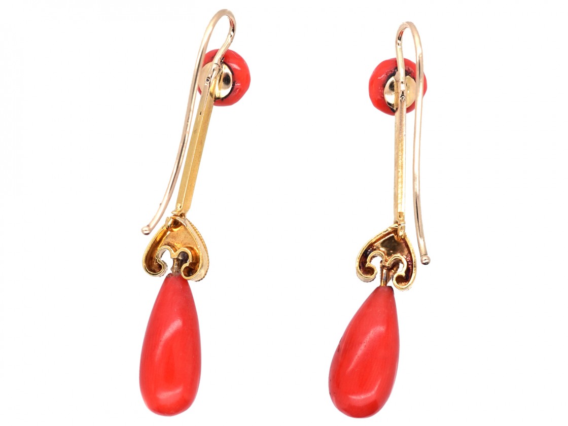 Victorian 18ct Gold & Coral Drop Earrings - The Antique Jewellery Company