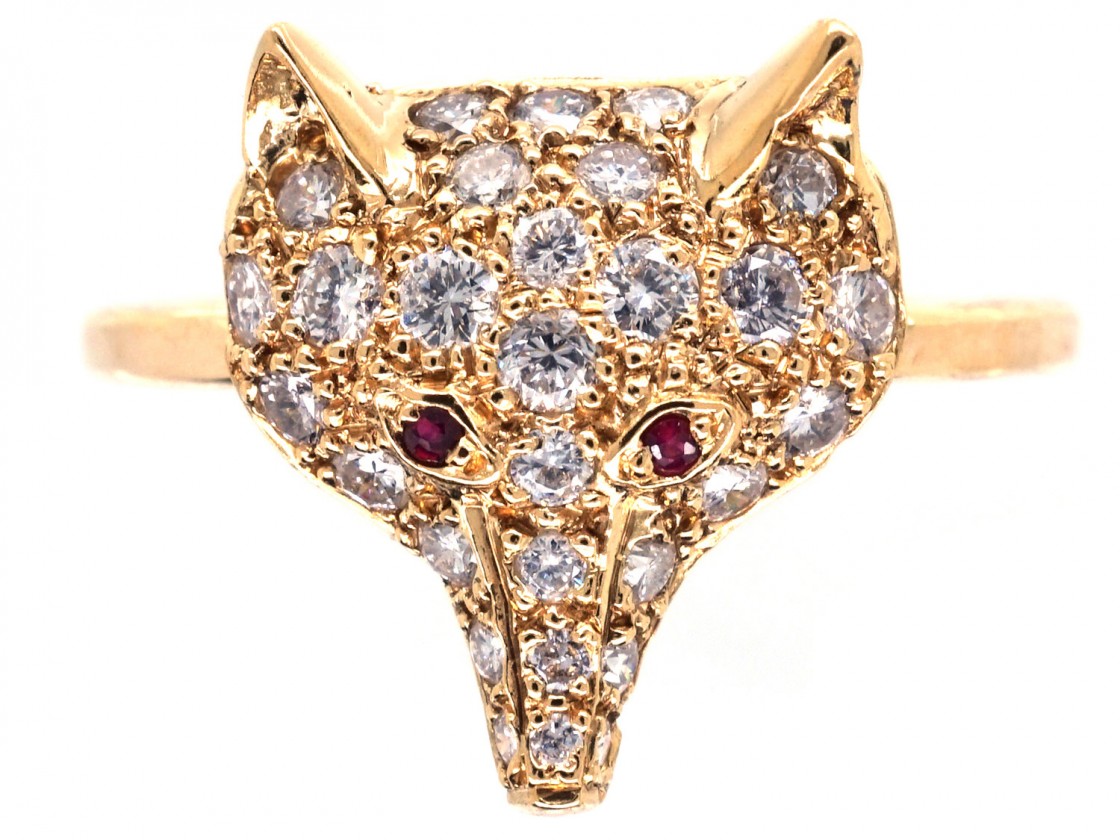 18ct Gold & Diamond Fox Head Ring - The Antique Jewellery  
