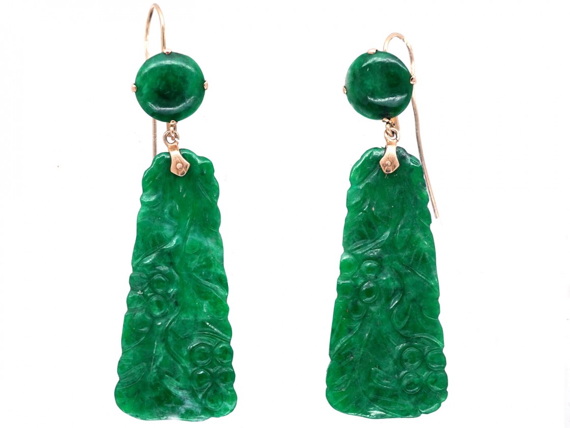 Art Deco Carved Jade Drop Earrings The Antique Jewellery Company Art Deco Carved Jade Drop Earrings