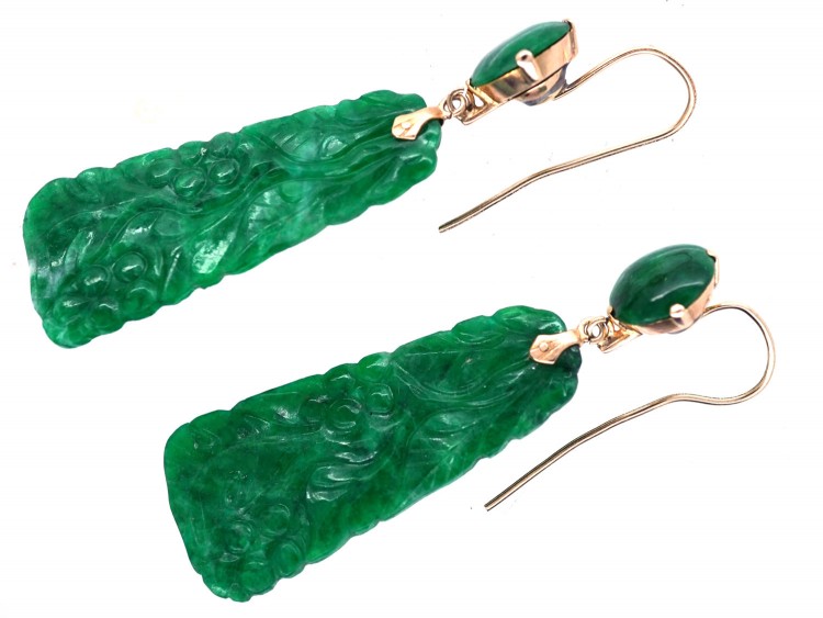 Art Deco Carved Jade Drop Earrings The Antique Jewellery Company Thumbnail
