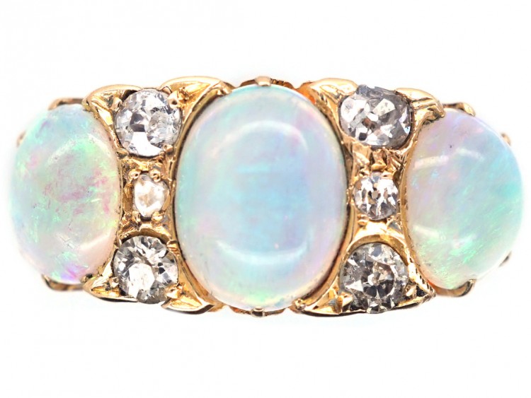 Victorian 18ct Gold, Three Stone Opal & Diamond Ring - The Antique Jewellery Company