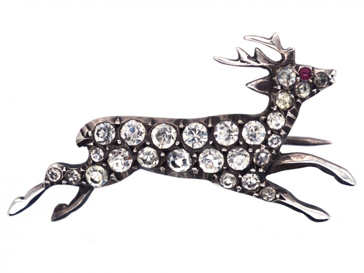 Edwardian Silver & Paste Stag Brooch The Antique Jewellery Company