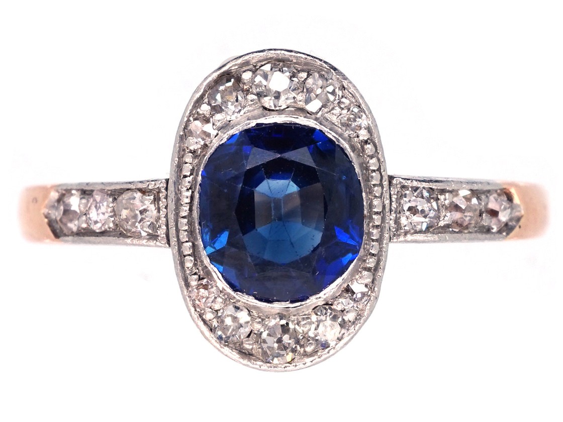 Art Deco Oval Sapphire & Diamond Ring with Diamond Shoulders - The