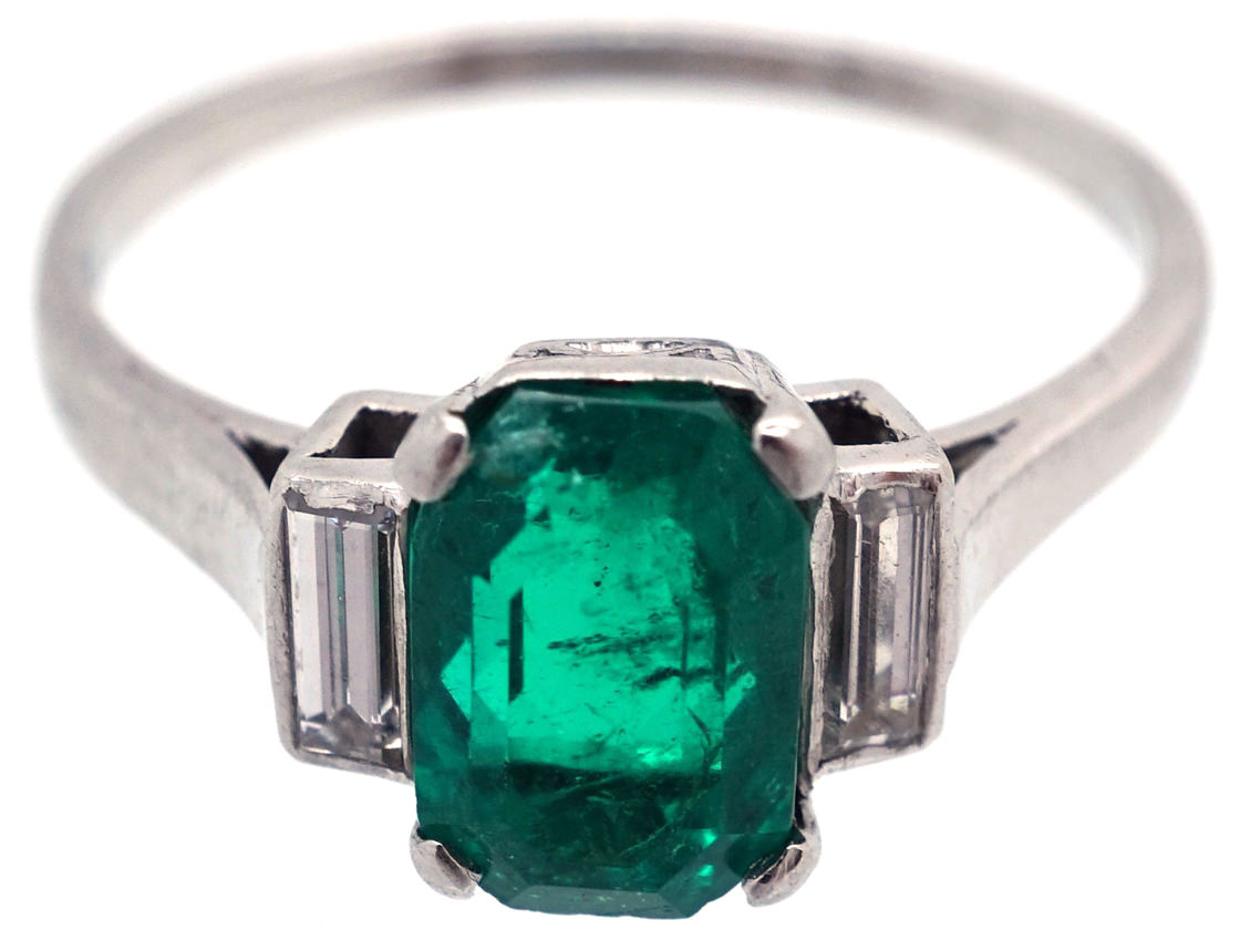 Art Deco Rectangular Emerald & Baguette Diamond Ring The Antique Jewellery Company