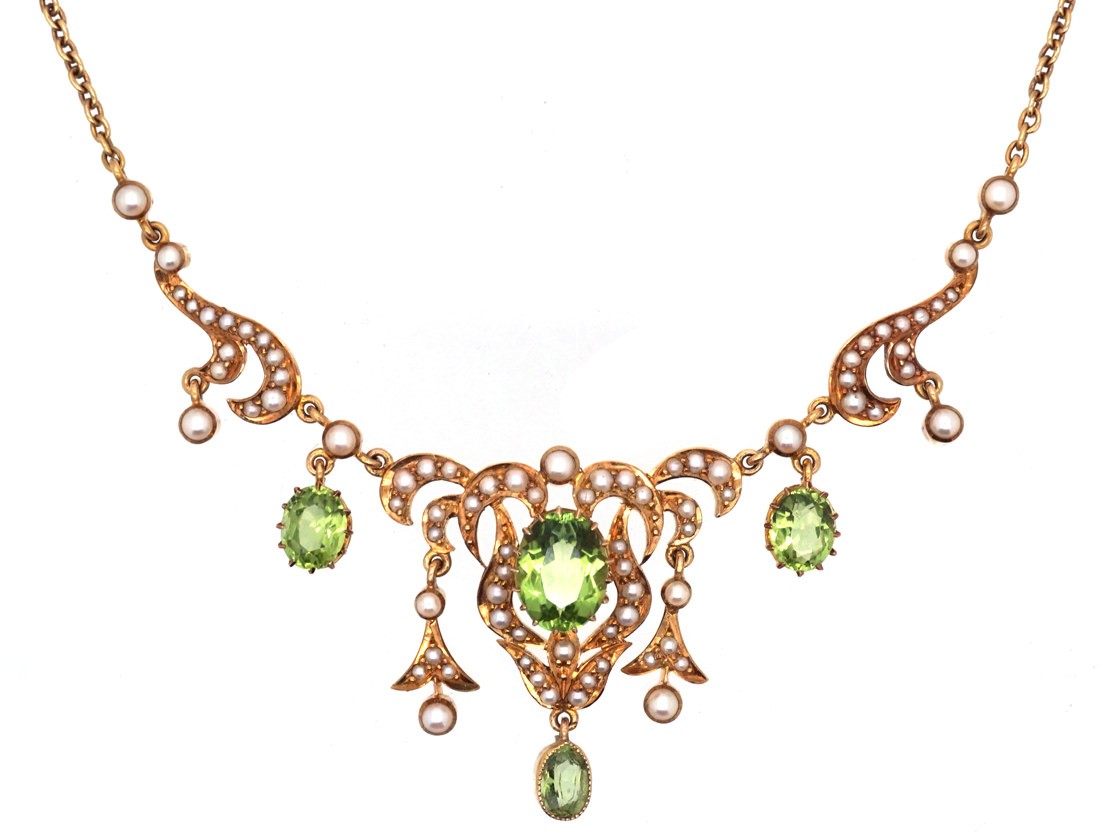 Edwardian 15ct Gold, Natural Split Perals & Peridot Necklace in ...
