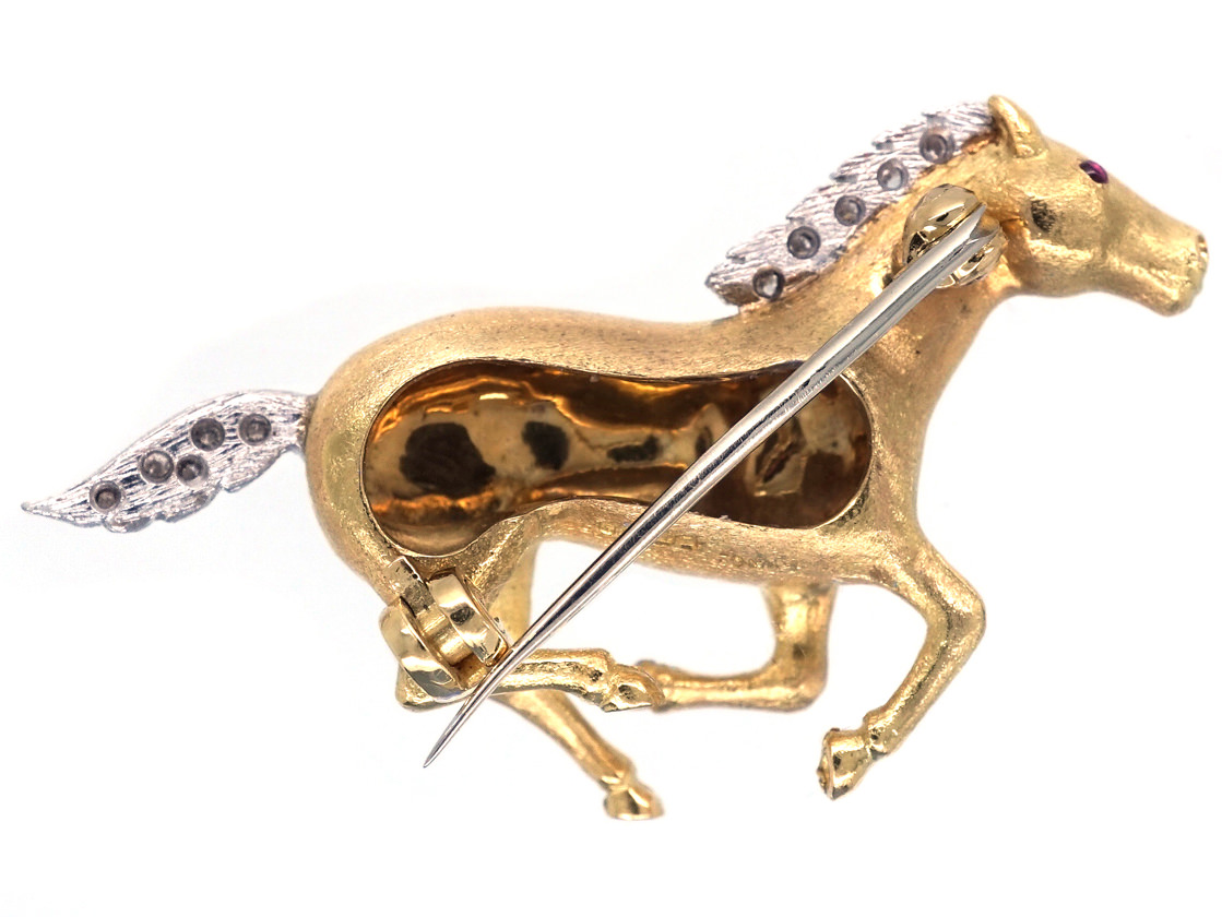 18ct Gold & Diamond Galloping Horse Brooch The Antique Jewellery Company