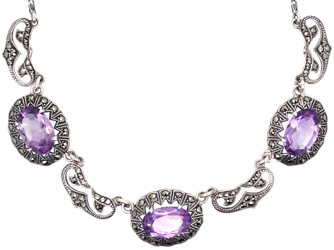 Art Deco Silver, Amethyst & Marcasite Necklace The Antique Jewellery