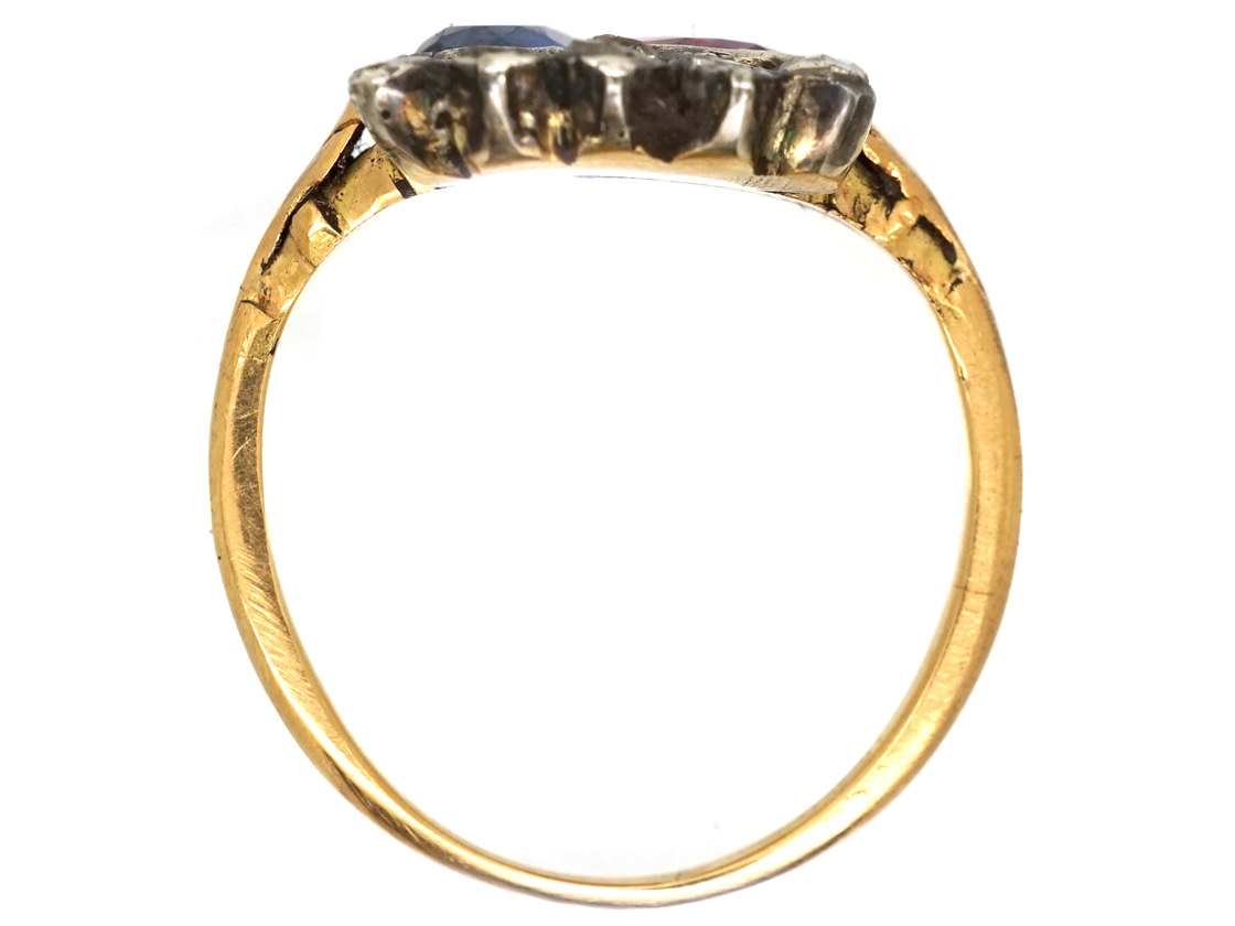 Georgian Ruby & Sapphire Double Heart Ring With Diamond Set Crown Top