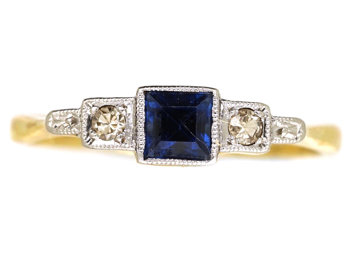 Art Deco Diamond & Square Cut Sapphire Ring The Antique Jewellery Company
