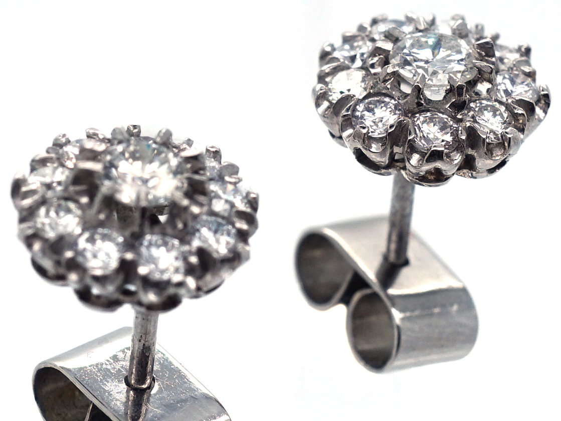 18ct White Gold Diamond Cluster Earrings - The Antique Jewellery Company