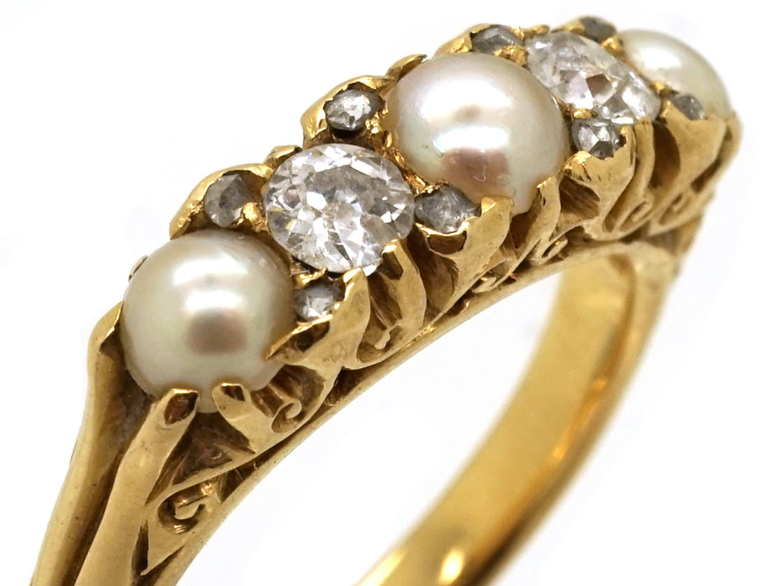 Victorian 18ct Gold, Natural Split Pearl & Diamond Five Stone Ring