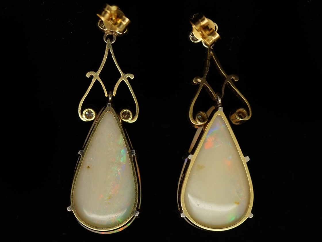 Art Deco Large Pear Shaped Opal & Diamond Drop Earrings - The Antique ...