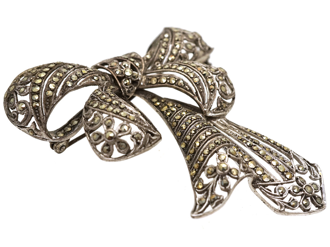 Art Deco Silver & Marcasite Bow Brooch The Antique Jewellery Company