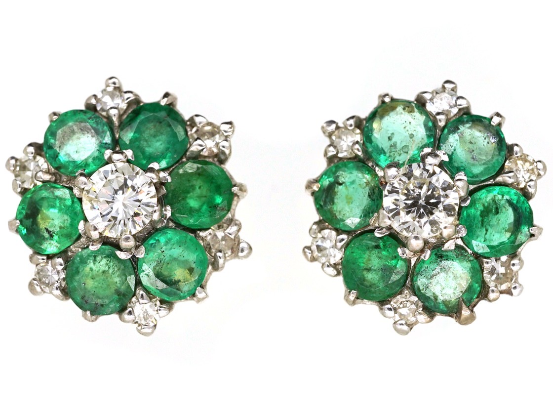 18ct White Gold Emerald & Diamond Cluster Earrings - The Antique
