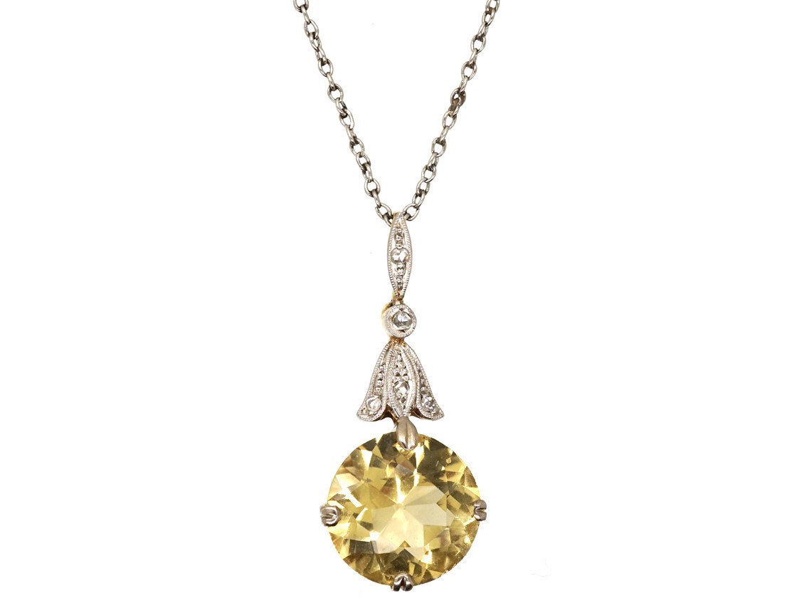 Edwardian Yellow Sapphire & Diamond Pendant on Platinum Chain The