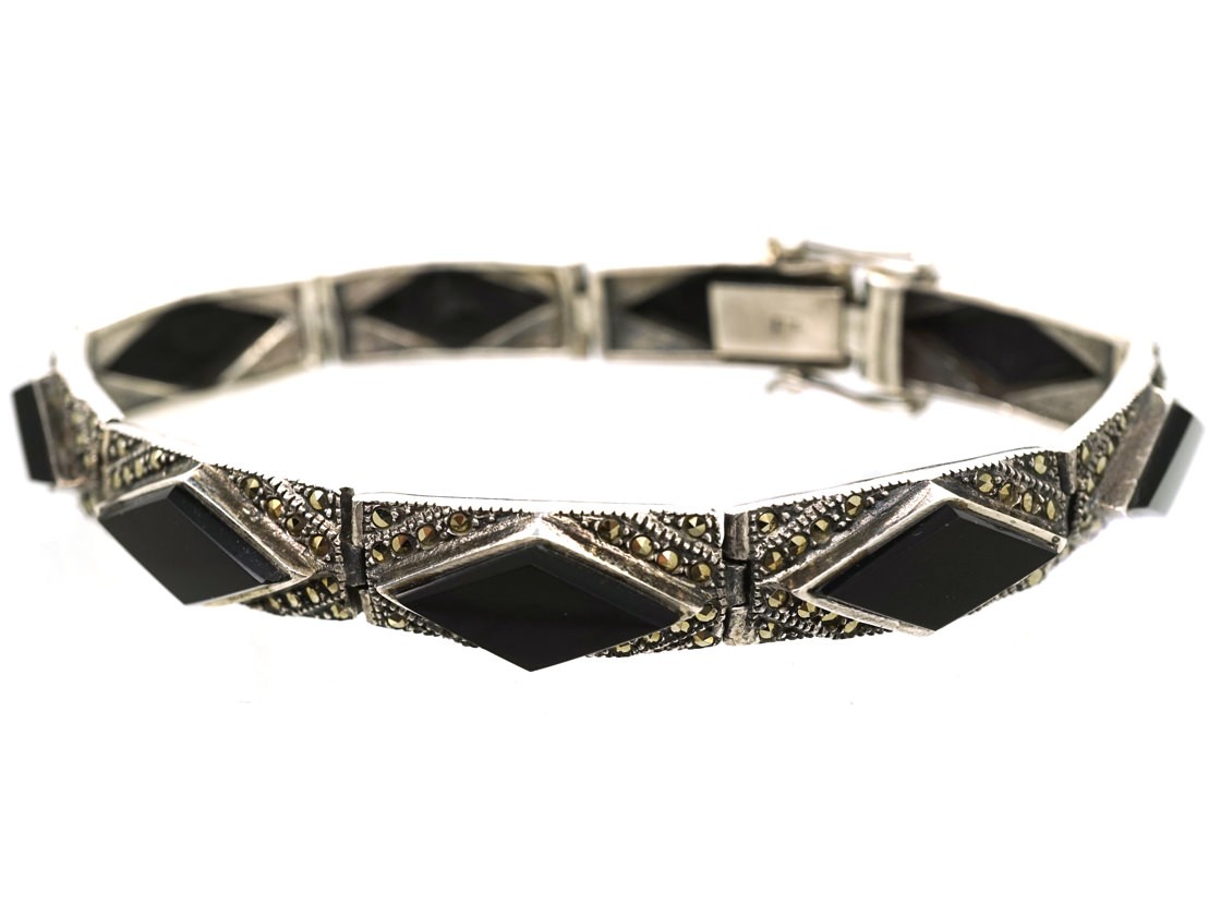 Art Deco Silver, Onyx & Marcasite Diamond Pattern Bracelet The Antique Jewellery Company