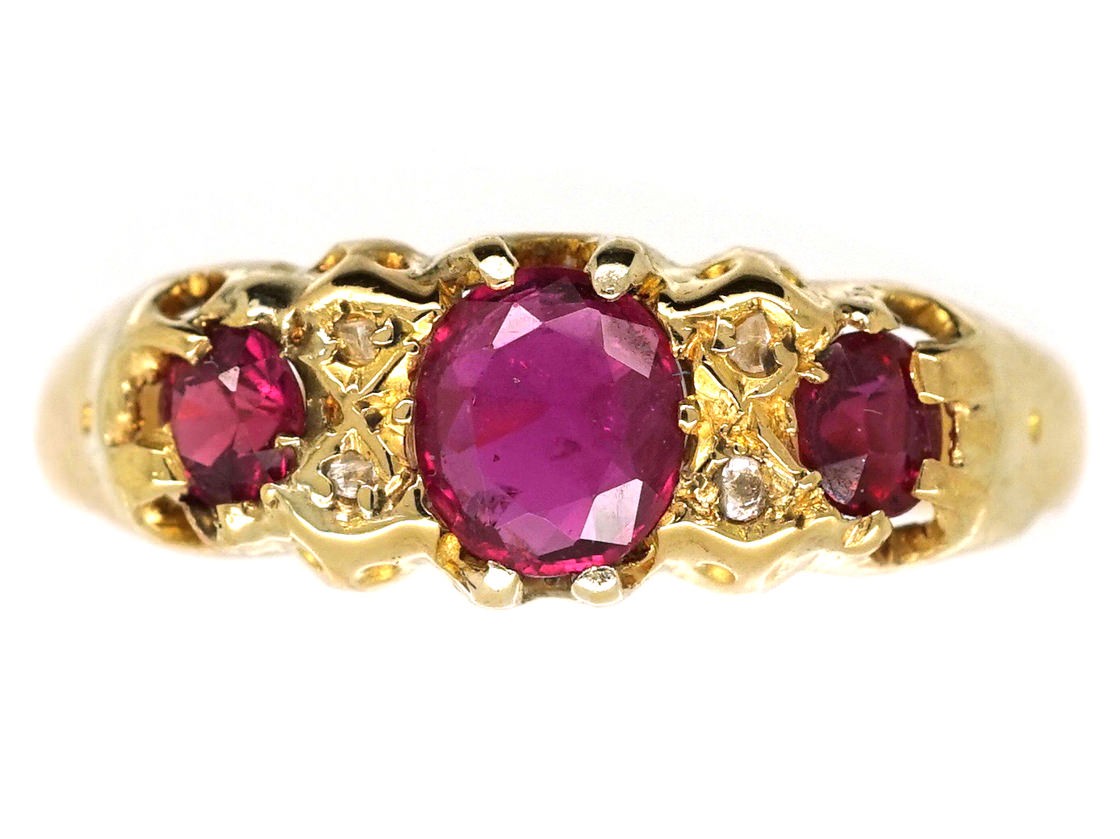 Edwardian 18ct Gold, Three Stone Ruby & Diamond Ring - The Antique