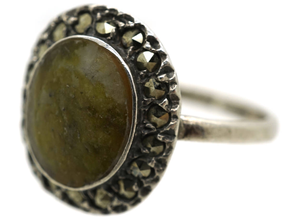 Silver, Connemara Marble & Marcasite Ring The Antique Jewellery Company