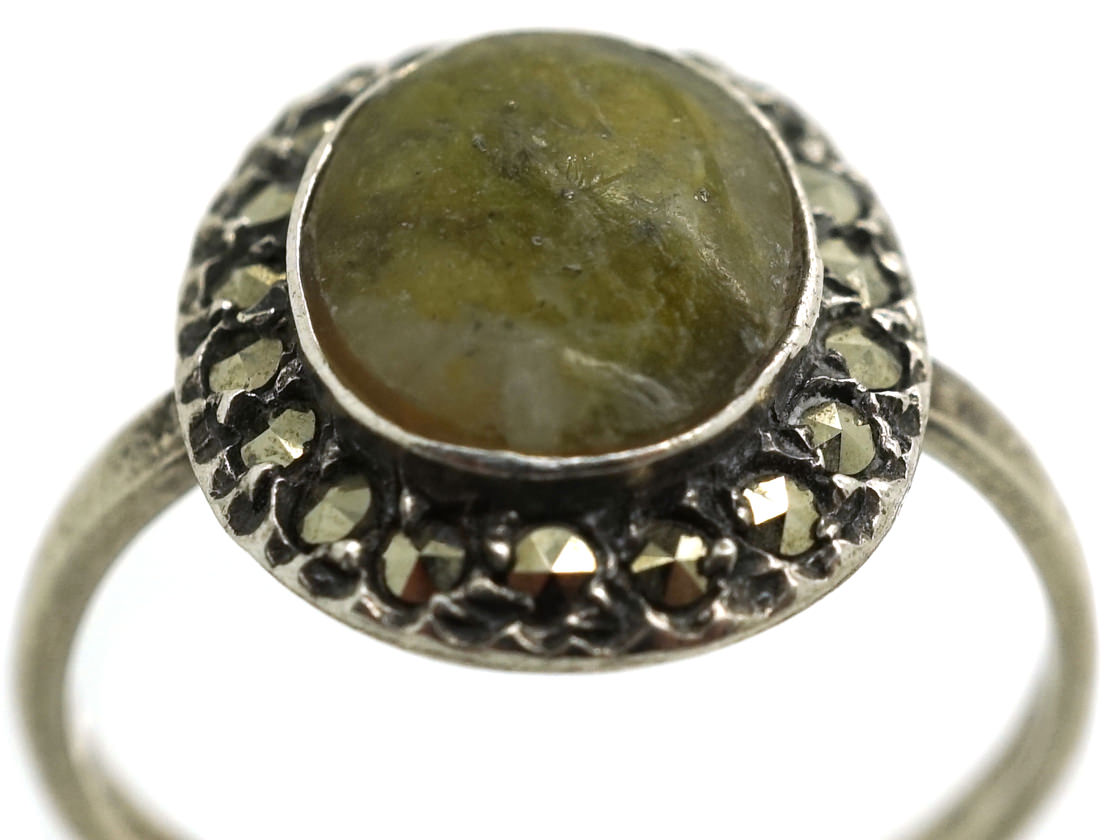Silver, Connemara Marble & Marcasite Ring The Antique Jewellery Company