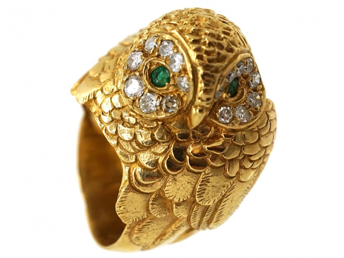18ct Gold Owl Ring Set With Emeralds & Diamonds The Antique Jewellery