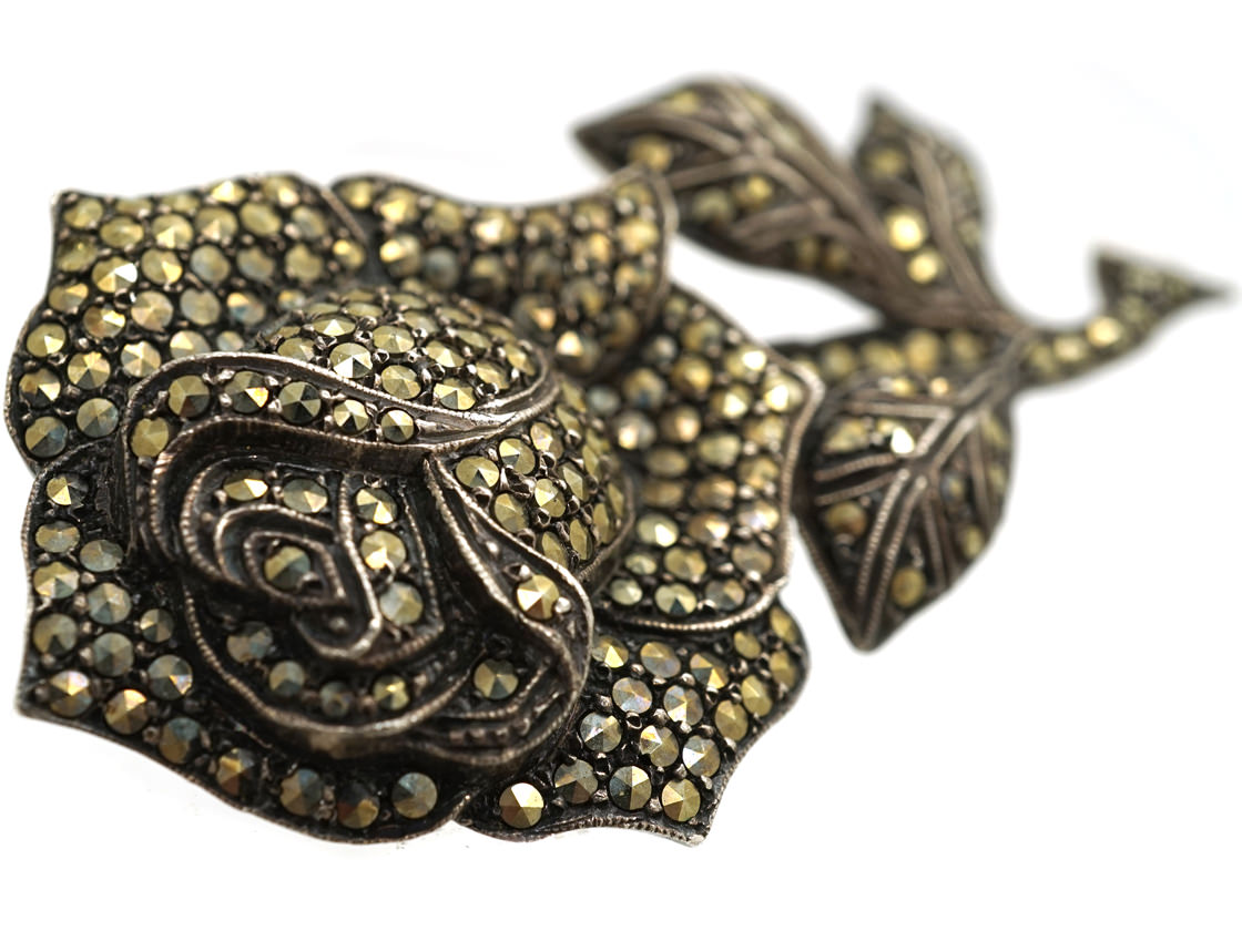 Silver & Marcasite Rose Brooch The Antique Jewellery Company
