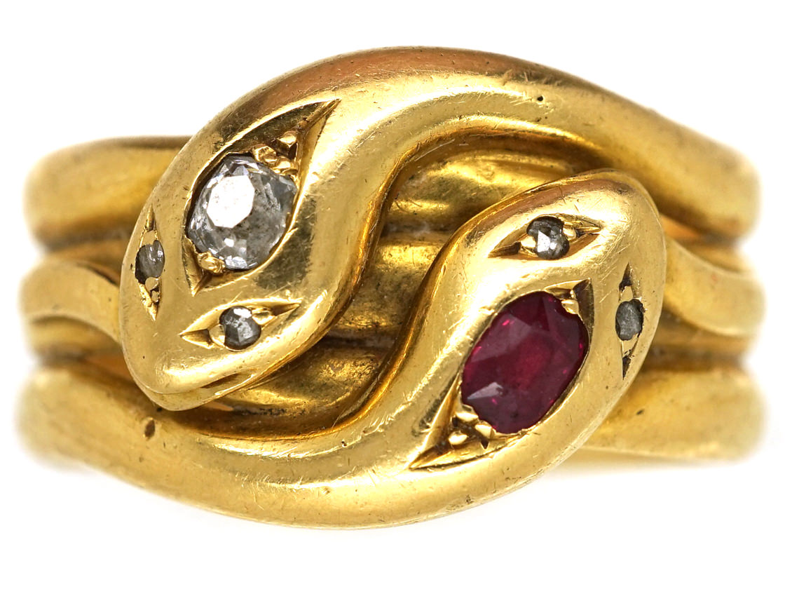 Victorian 18ct Gold, Ruby & Diamond Double Snake Ring The Antique