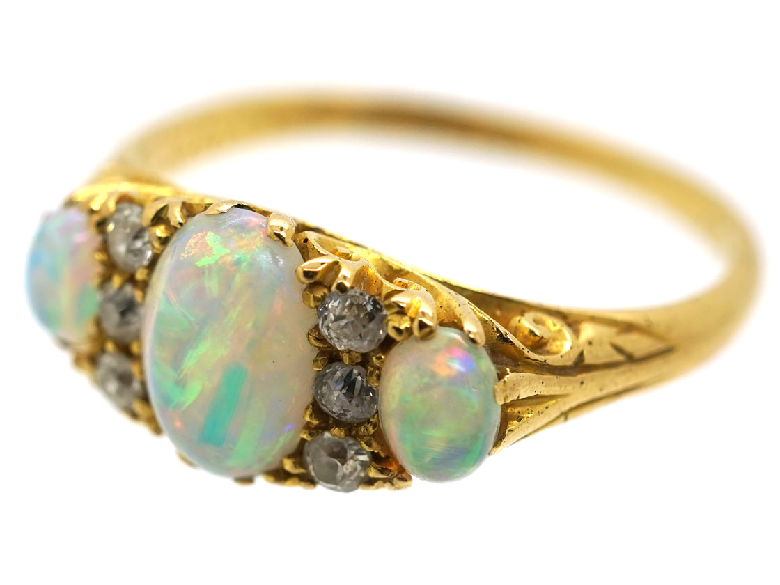 Edwardian 18ct Gold, Three Stone Opal & Diamond Ring - The Antique ...