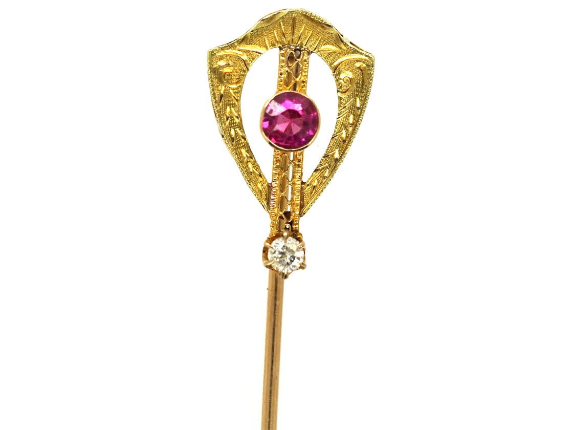 Art Deco 14ct Gold, Ruby & Diamond Tie Pin The Antique Jewellery Company