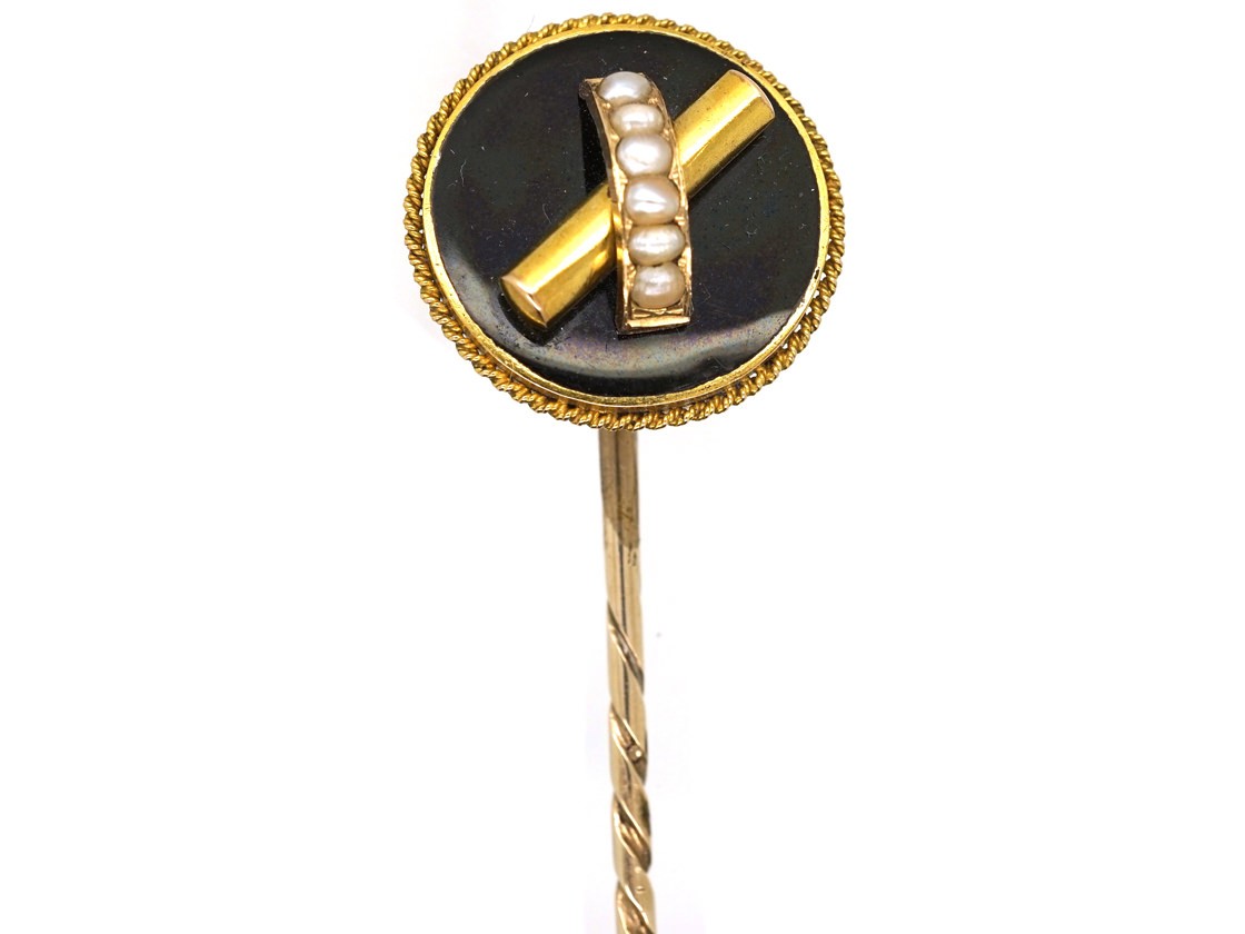 Victorian 18ct Gold Onyx & Natural Split Pearl Tie Pin The Antique