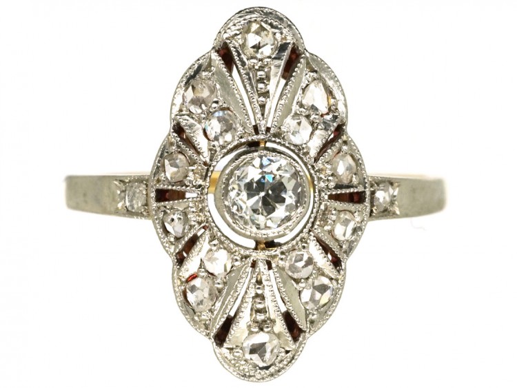 Art Deco 18ct Gold, Platinum & Diamond Marquise Shaped Ring The