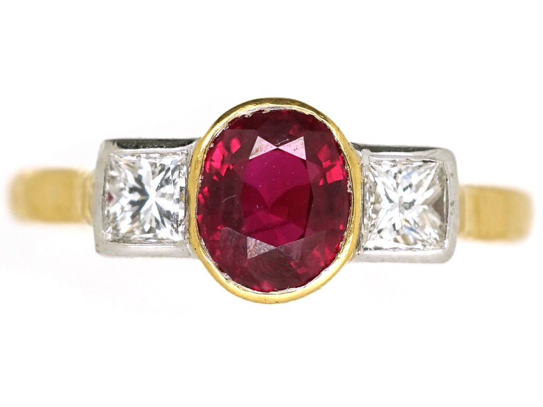 18ct Gold, Diamond & Ruby Three Stone Ring - The Antique Jewellery Company