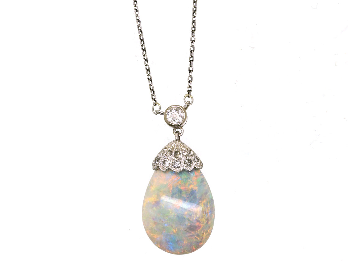 Edwardian Platinum Opal Diamond Pendant On Chain The Edwardian Platinum Opal Diamond Pendant On Chain