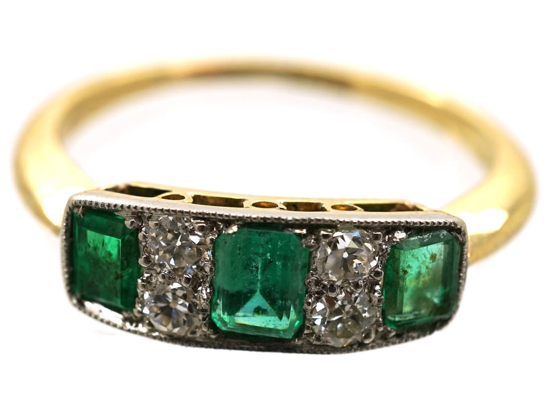 Edwardian 18ct Gold & Platinum Diamond & Emerald Three Stone Ring - The ...