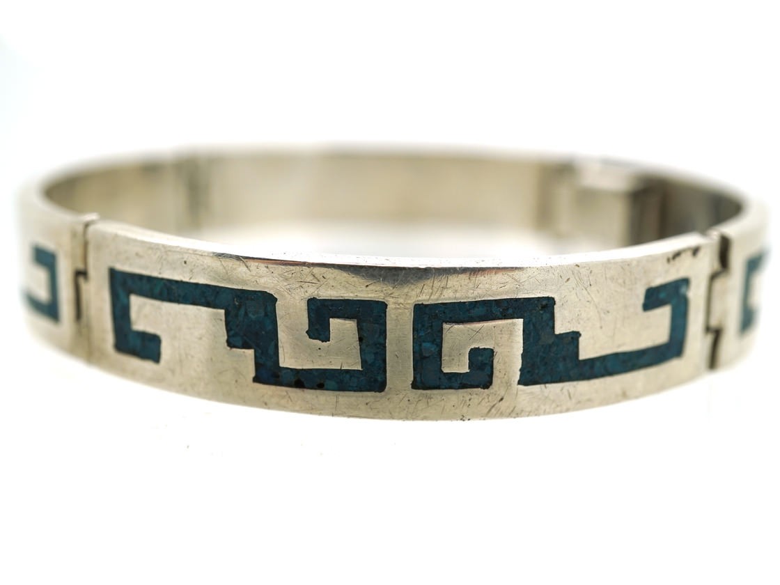 Mexican Silver Bracelet With Navaho Motifs In Turquoise The Mexican Silver Bracelet With Navaho Motifs In Turquoise
