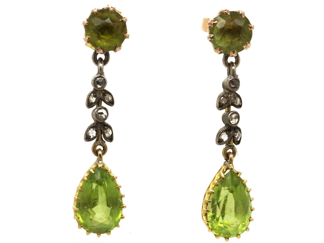 Edwardian 15ct Gold Rose Diamond Peridot Drop Earrings The Edwardian 15ct Gold Rose Diamond Peridot Drop Earrings