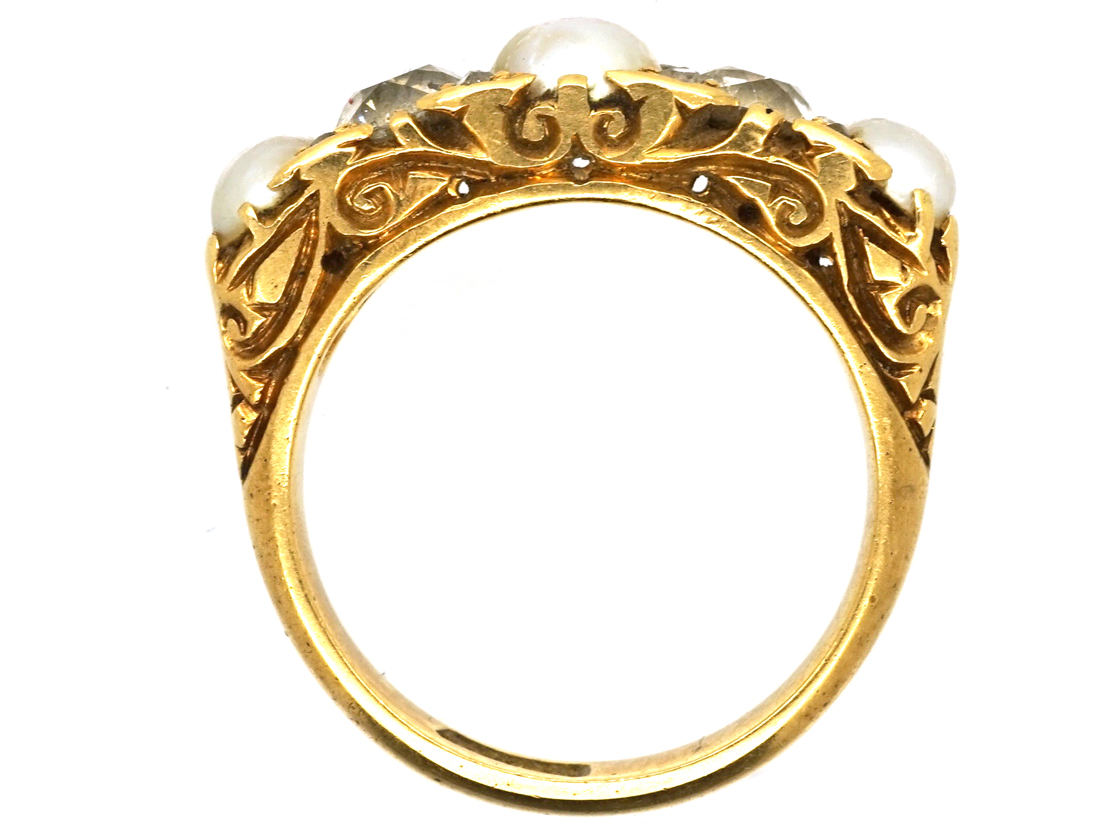 Victorian 18ct Gold Diamond & Natural Pearl Carved Half Hoop Ring - The ...