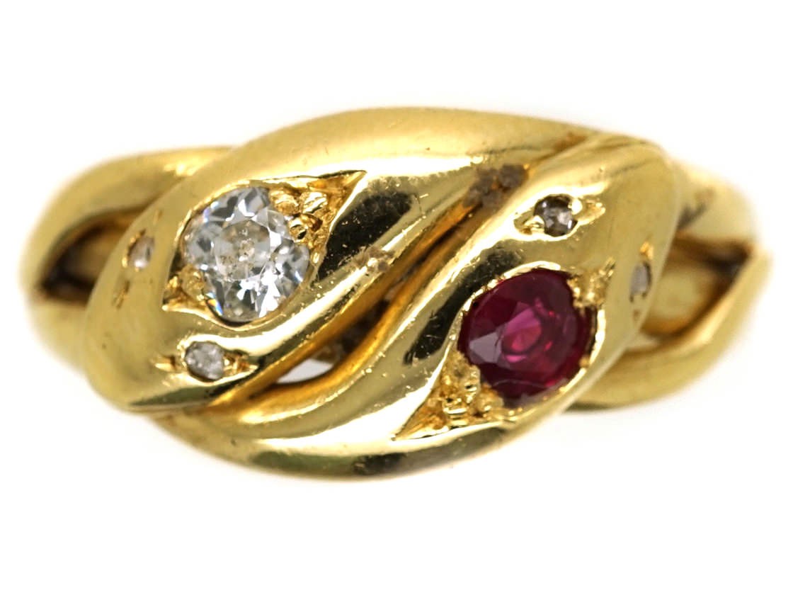 Victorian 18ct Gold Snake Ring Set With a Ruby & a Diamond - The