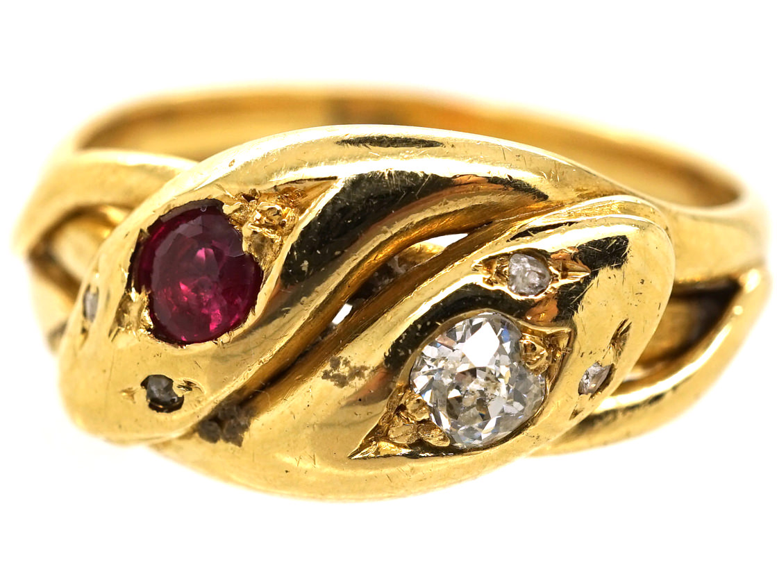 Victorian 18ct Gold Snake Ring Set With a Ruby & a Diamond - The