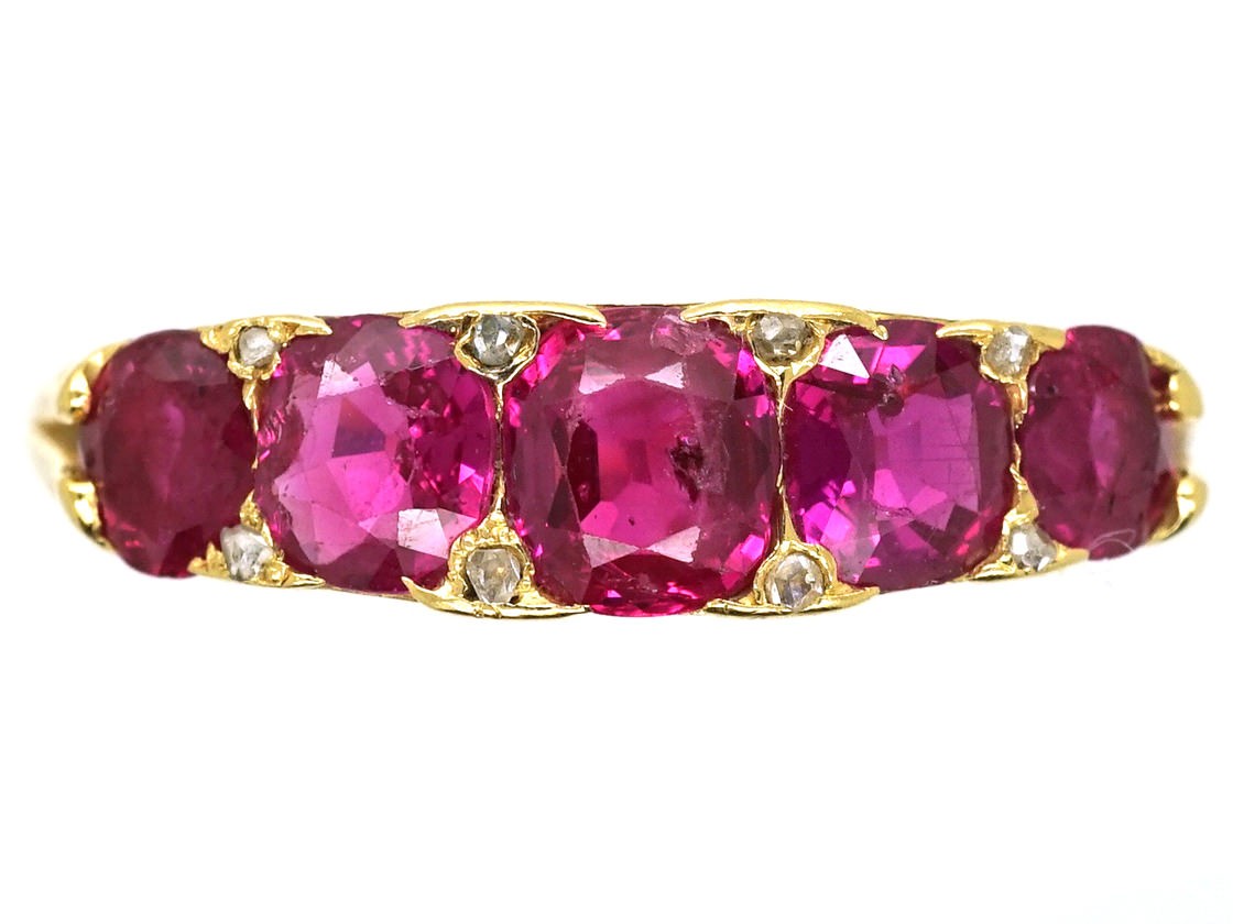 Victorian 18ct Gold Five Stone Natural Burma Ruby Ring - The Antique