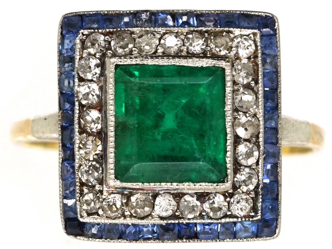 Art Deco Sapphire, Emerald & Diamond Square Ring - The Antique