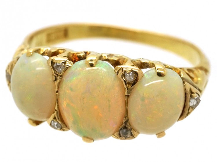 Edwardian 18ct Gold, Three Stone Opal & Diamond Ring - The Antique ...