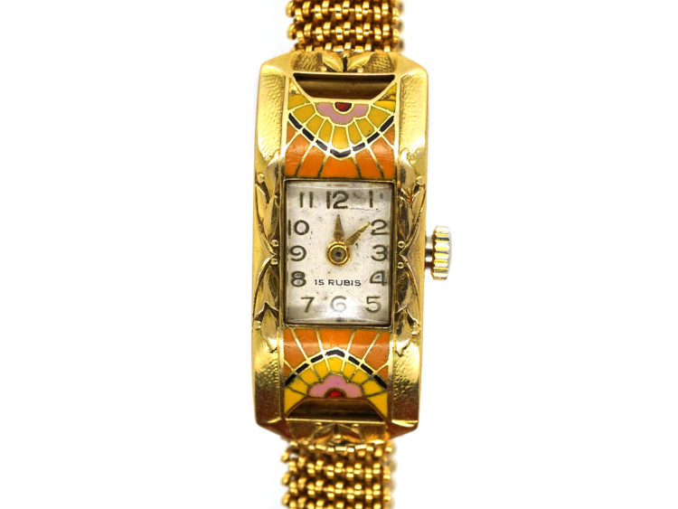 Art Nouveau 18ct Gold & Enamel Watch on Mesh Strap The Antique