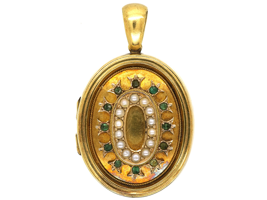Victorian 15ct Gold Oval Locket Set With Emeralds & Natural Split