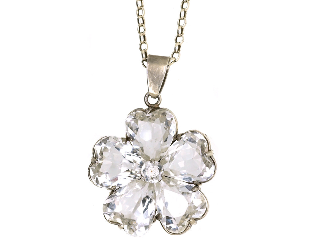 Rock Crystal Pansy Pendant on Silver Chain The Antique Jewellery Company