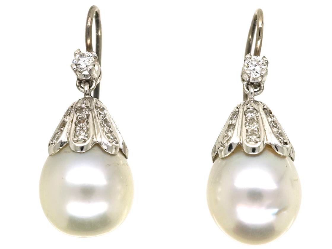 18ct White Gold Large Pearl Diamond Drop Earrings The Antique 18ct White Gold Large Pearl Diamond Drop Earrings