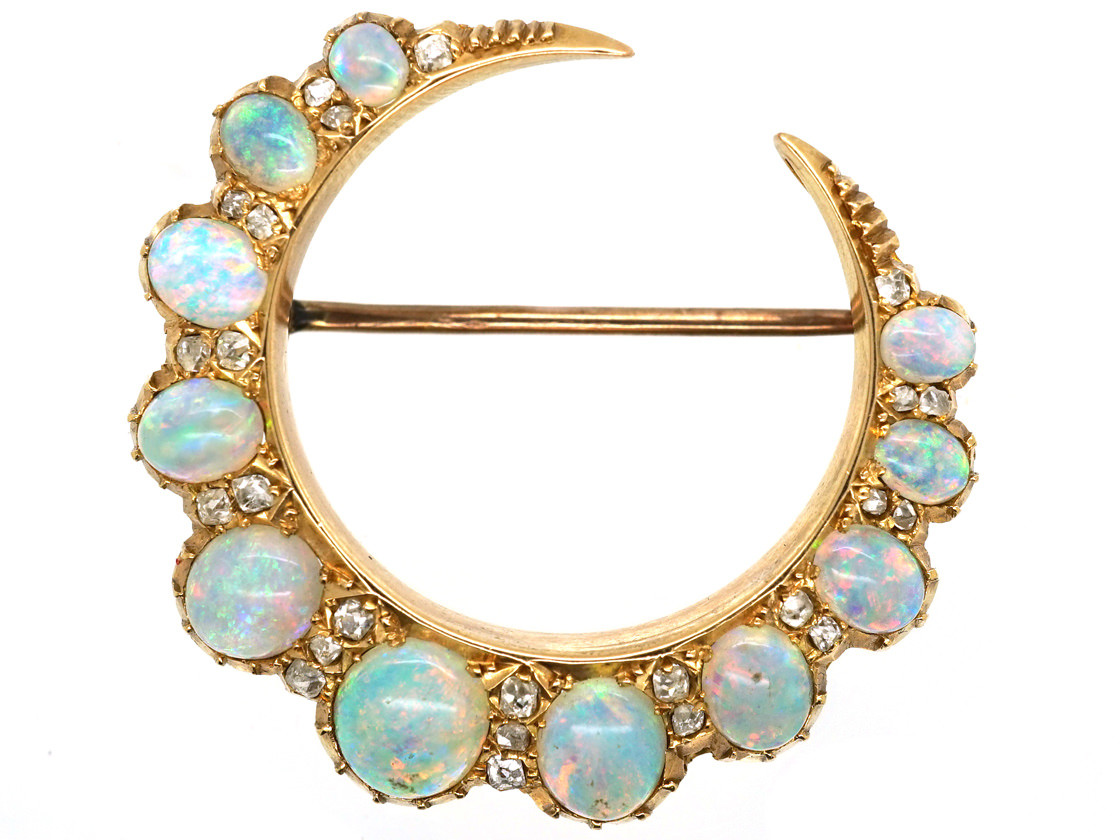 Victorian 15ct Gold, Opal & Diamond Crescent Brooch The Antique