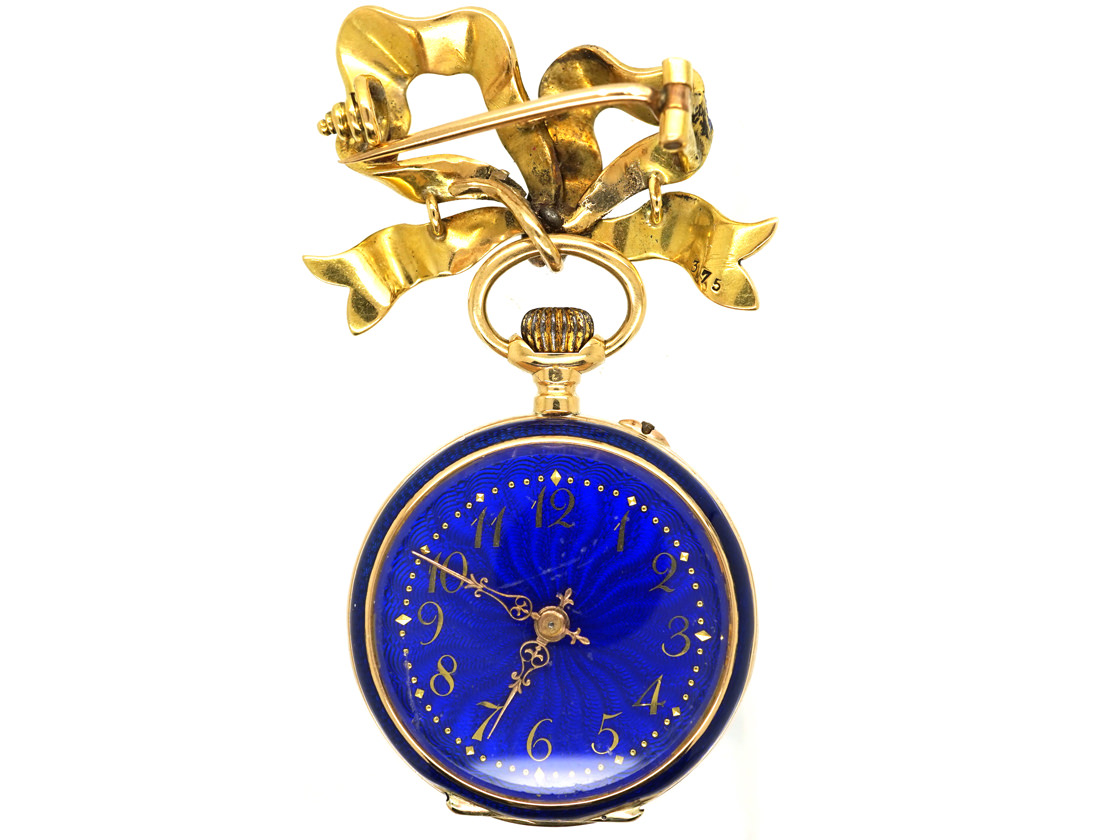 Edwardian 18ct Gold, Enamel & Rose Diamond Pocket Watch With Matching