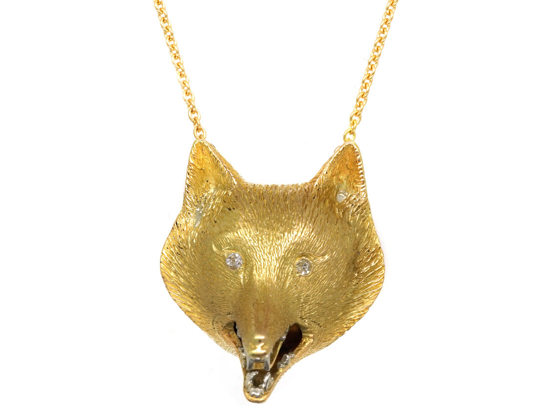18ct Gold Fox Head Pendant on Chain The Antique Jewellery Company
