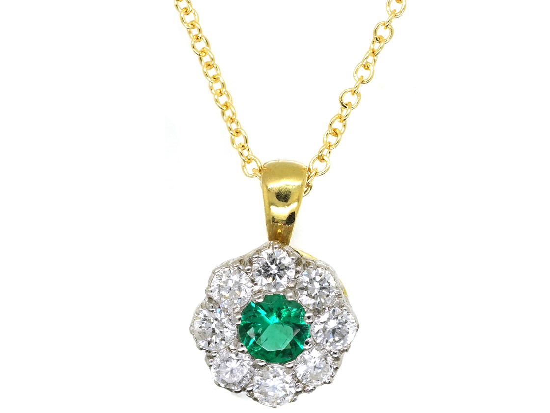 Emerald & Diamond Cluster Pendant on Gold Chain The Antique Jewellery